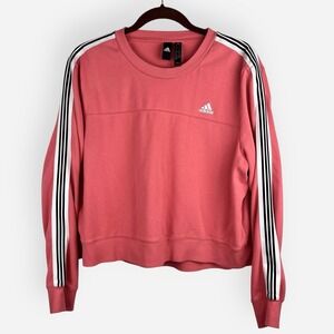 Adidas Womens Sweatshirt 3 Stripes Fleece Crew Neck Coral Pink XL Long Sleeve